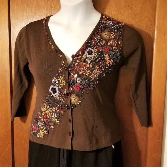 LouLou Sweaters - LouLou Beaded Embellished Floral Button Cardigan S